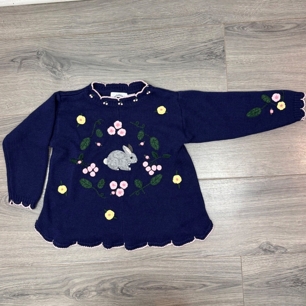 VTG Hartstrings Navy Bunny Floral Embroidered Acrylic Knit Sweater Kids Size 5/6